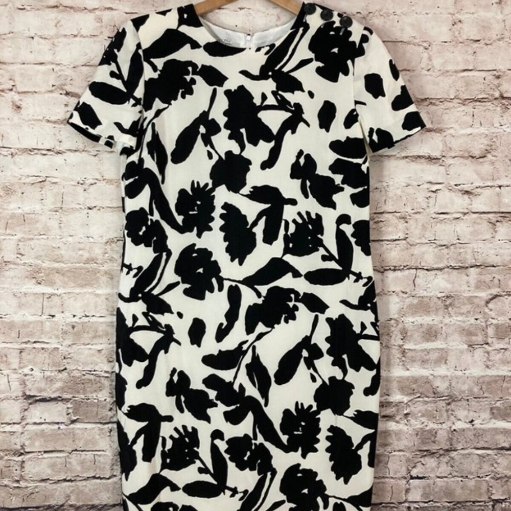 Maggy London Women's Dress 6 Black Floral Silk Short Sleeve Shift Lined Zip Up